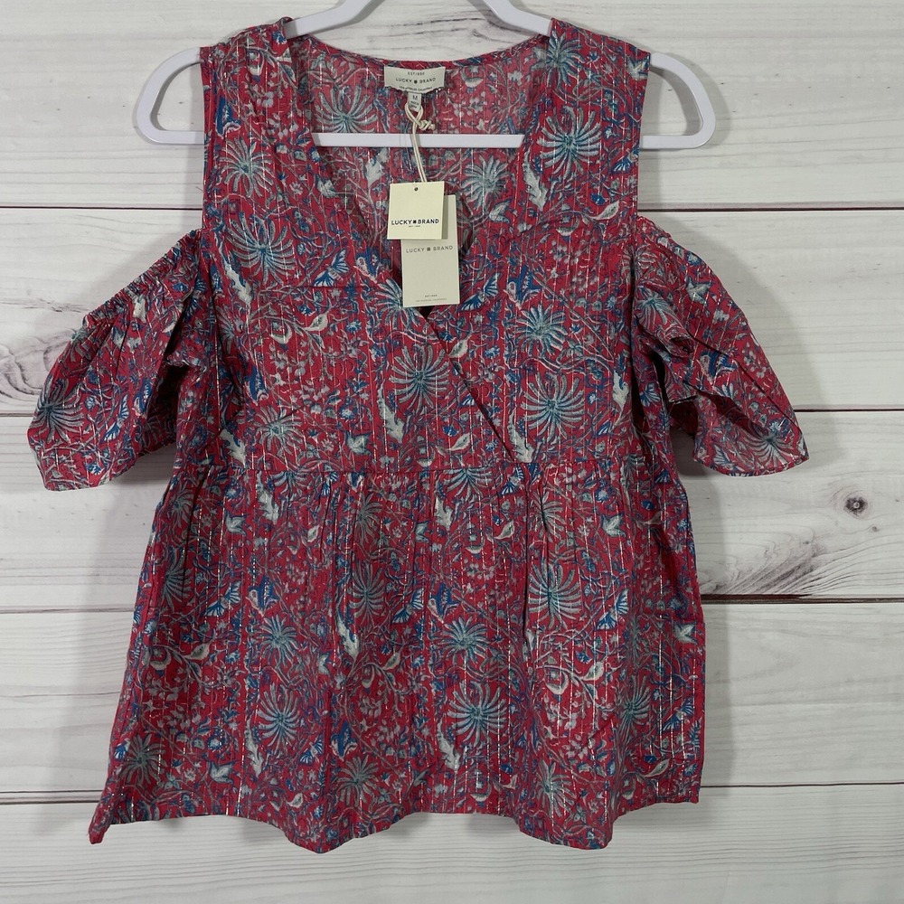 Lucky Brand Top Blouse Womens Size M Pink Blue Floral Cold Shoulder.